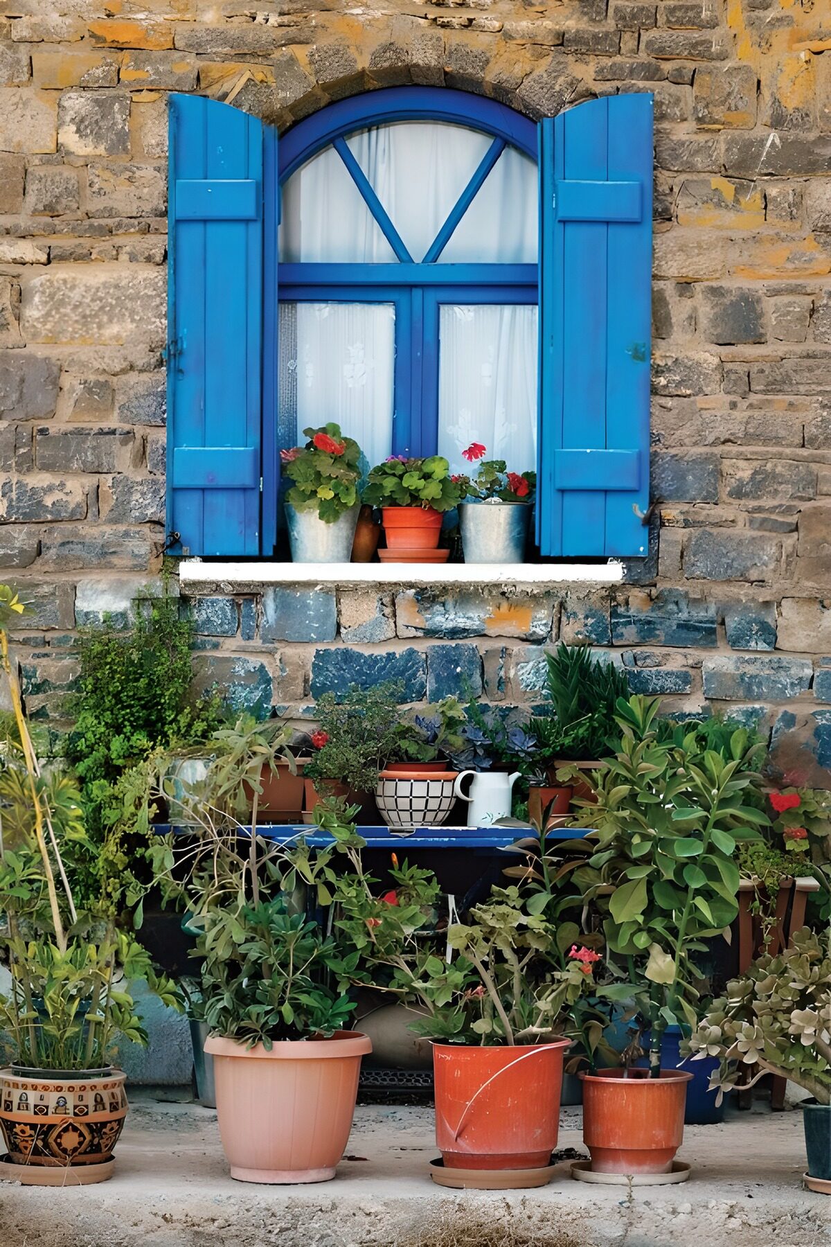 Charming Blue Window with Flower Pots