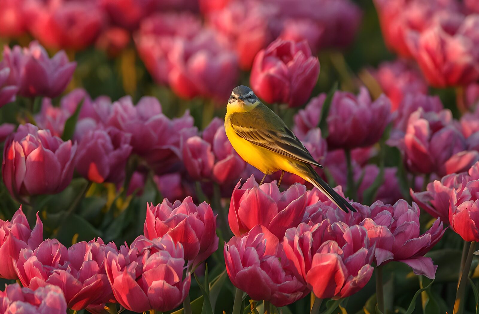 OCCOM7773745: Vibrant Bird Amidst Tulip Blossoms
