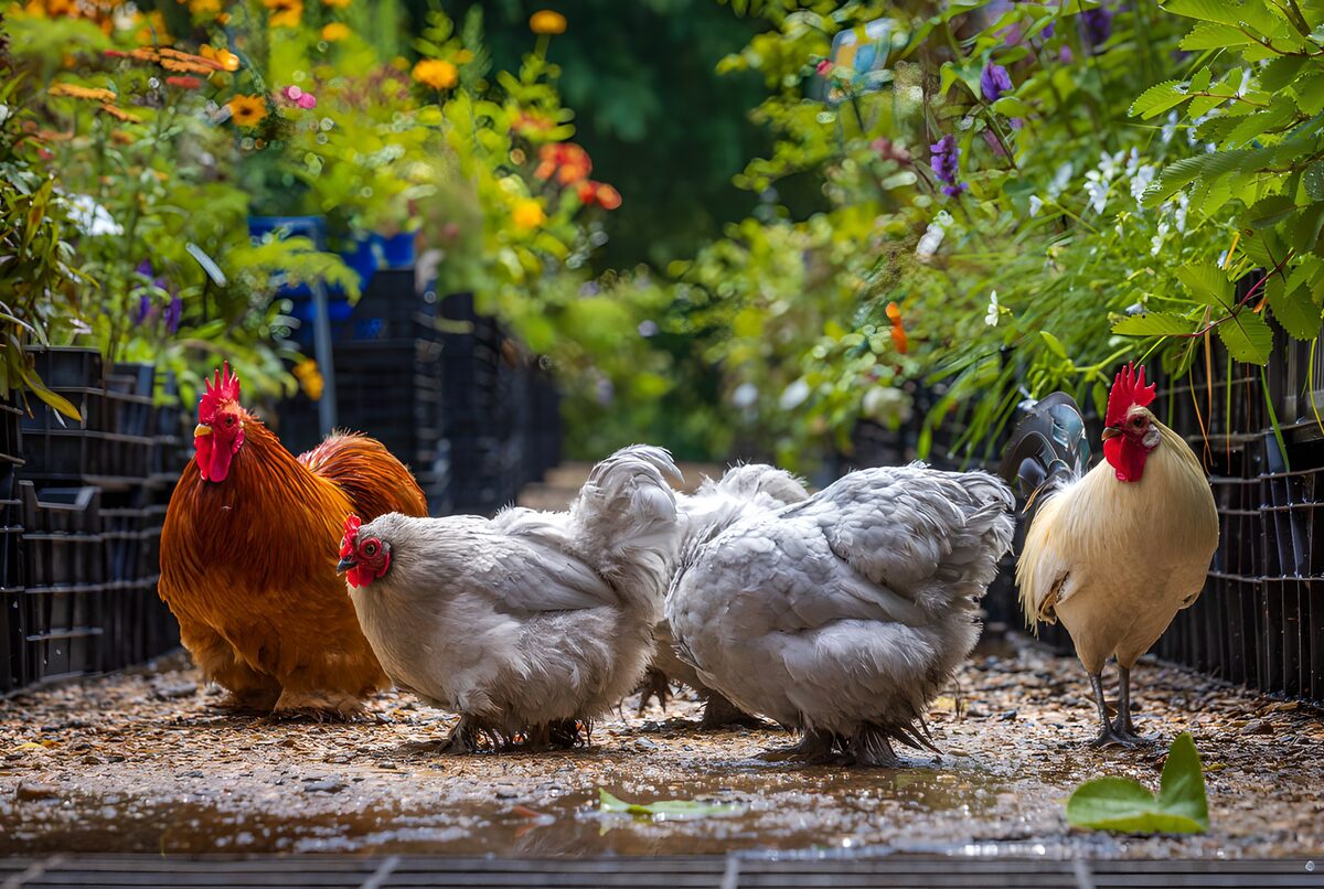 Free-Range Chickens in Garden Path