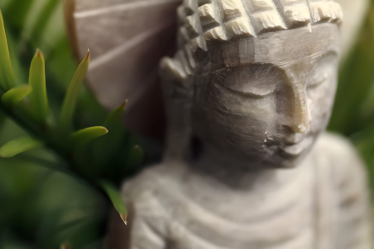 Serene Wooden Sculpture Amidst Greenery