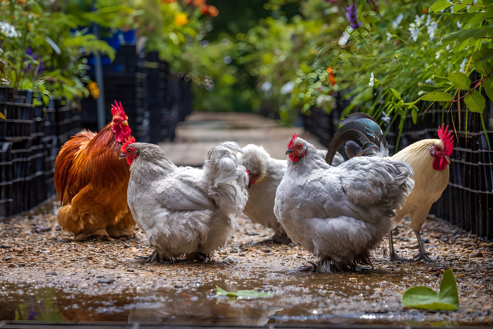 OCCOM7838528: Fluffy Chickens in Garden Path