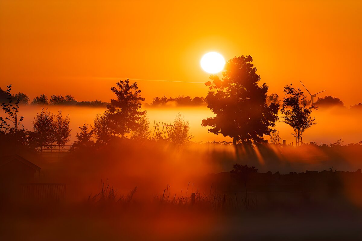 Misty Sunrise Over a Tranquil Landscape