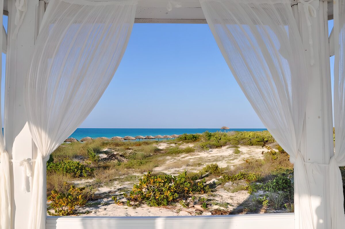 OCCOM4383030: Serene Coastal View through Sheer Curtains