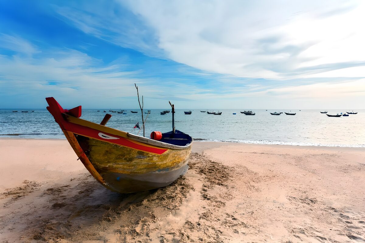Tranquil Shoreline with Fishing Boats