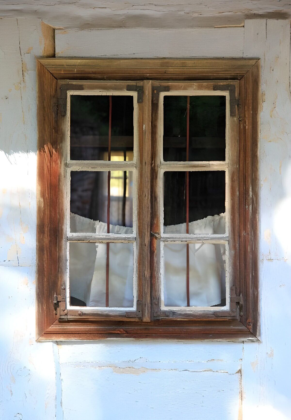 Vintage Wooden Window with Sheer Curtains