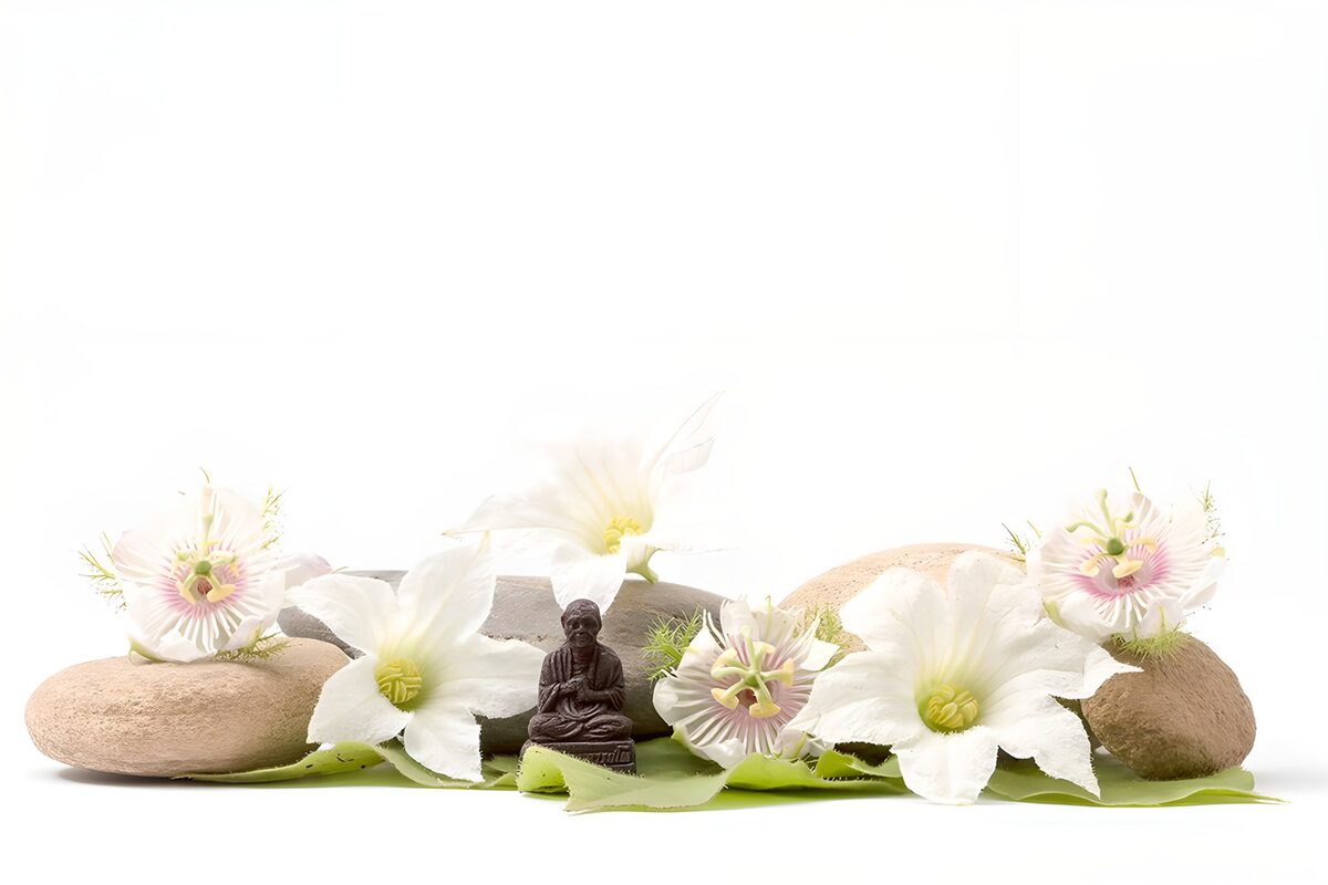 Serene Buddha with Flowers and Stones