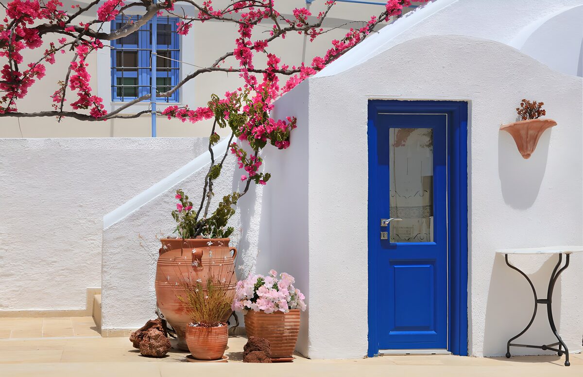 Charming Blue Doorway in Blooming Garden