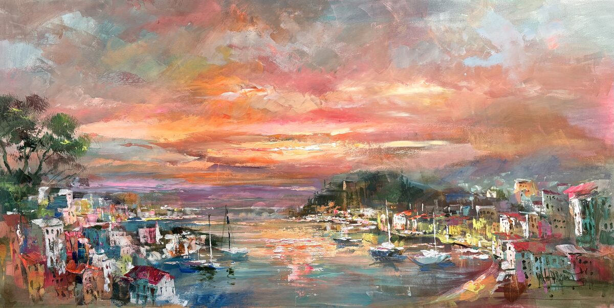 sunset harbor painting