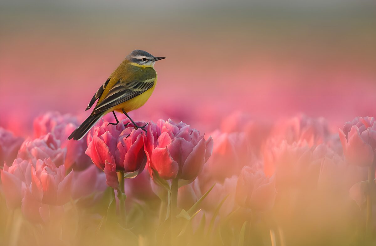 Bird Among Pink Tulips