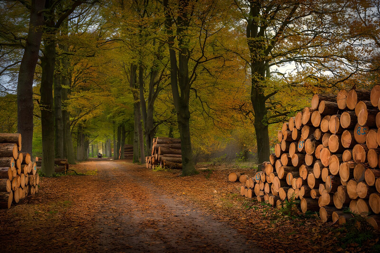 OCCOM7034589: Serene Forest Road with Timber Stacks