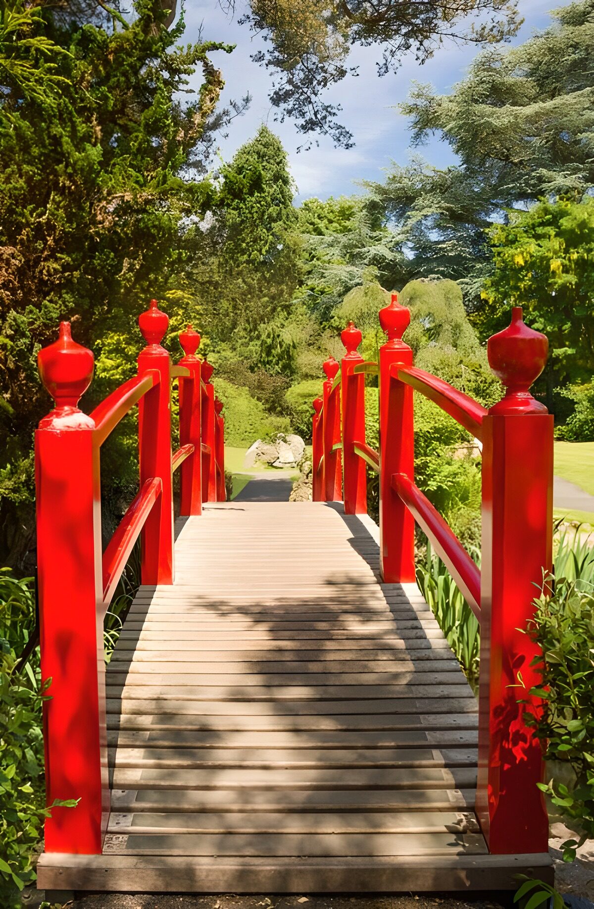 OCCOM2654997: Serene Red Bridge in a Lush Garden