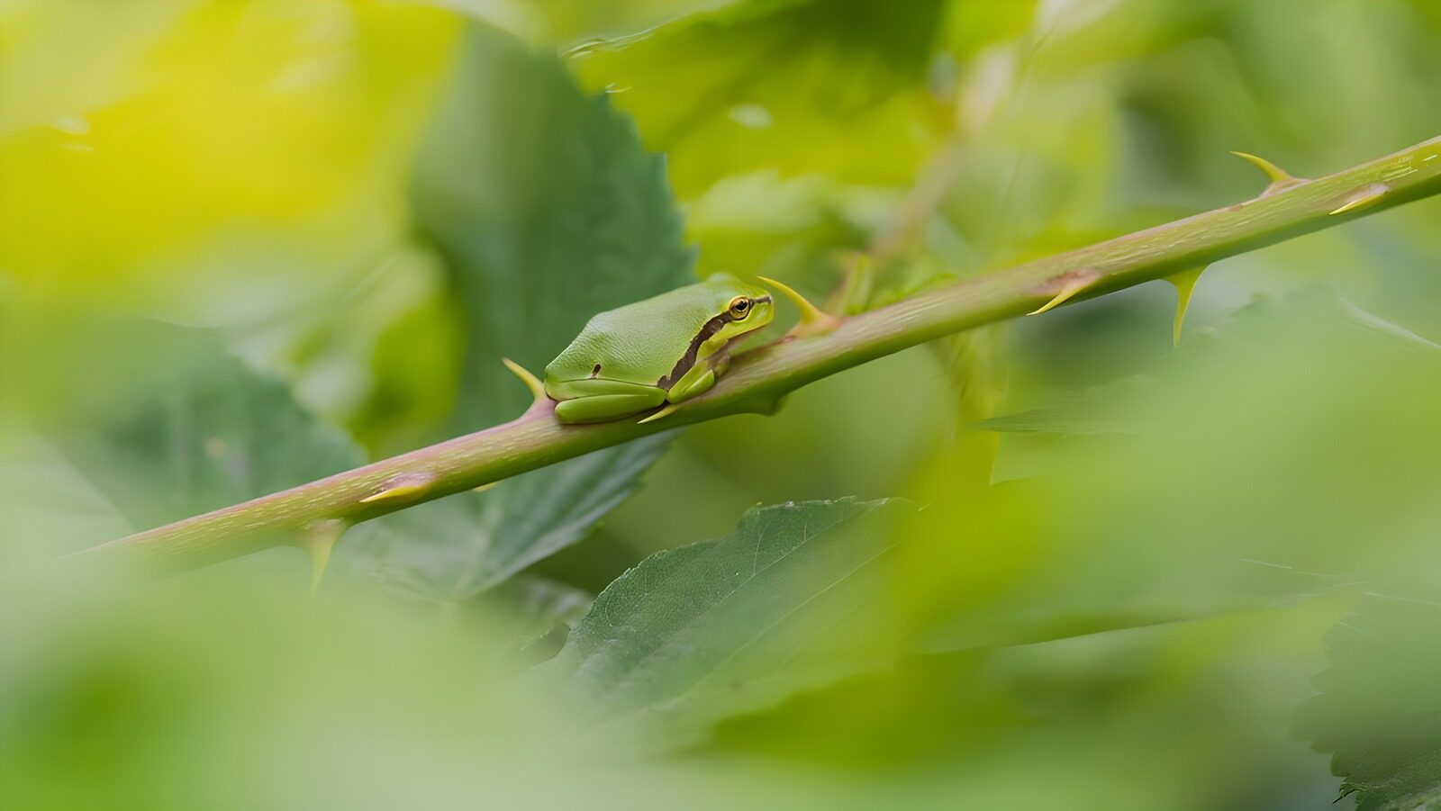 OCCOM5620354: Green Frog Resting on a Thorny Stem
