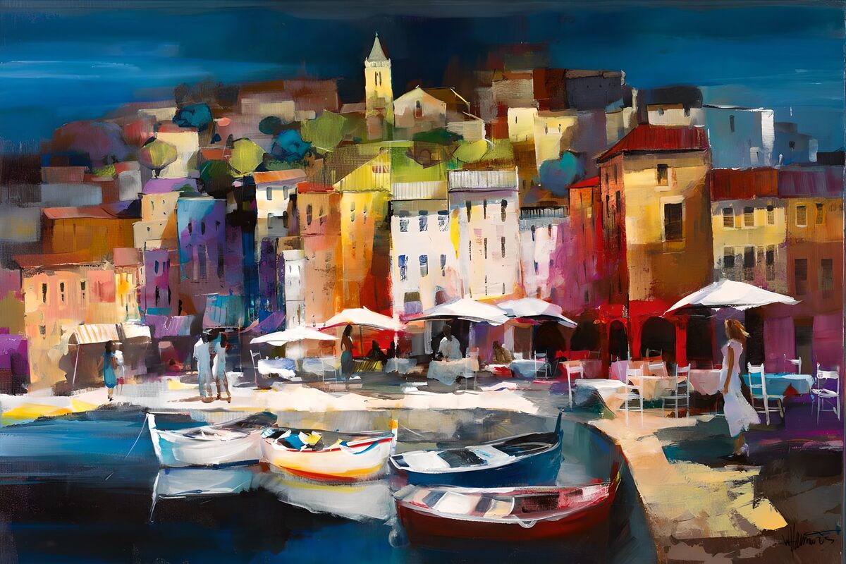 Vibrant Waterfront Village Scene
