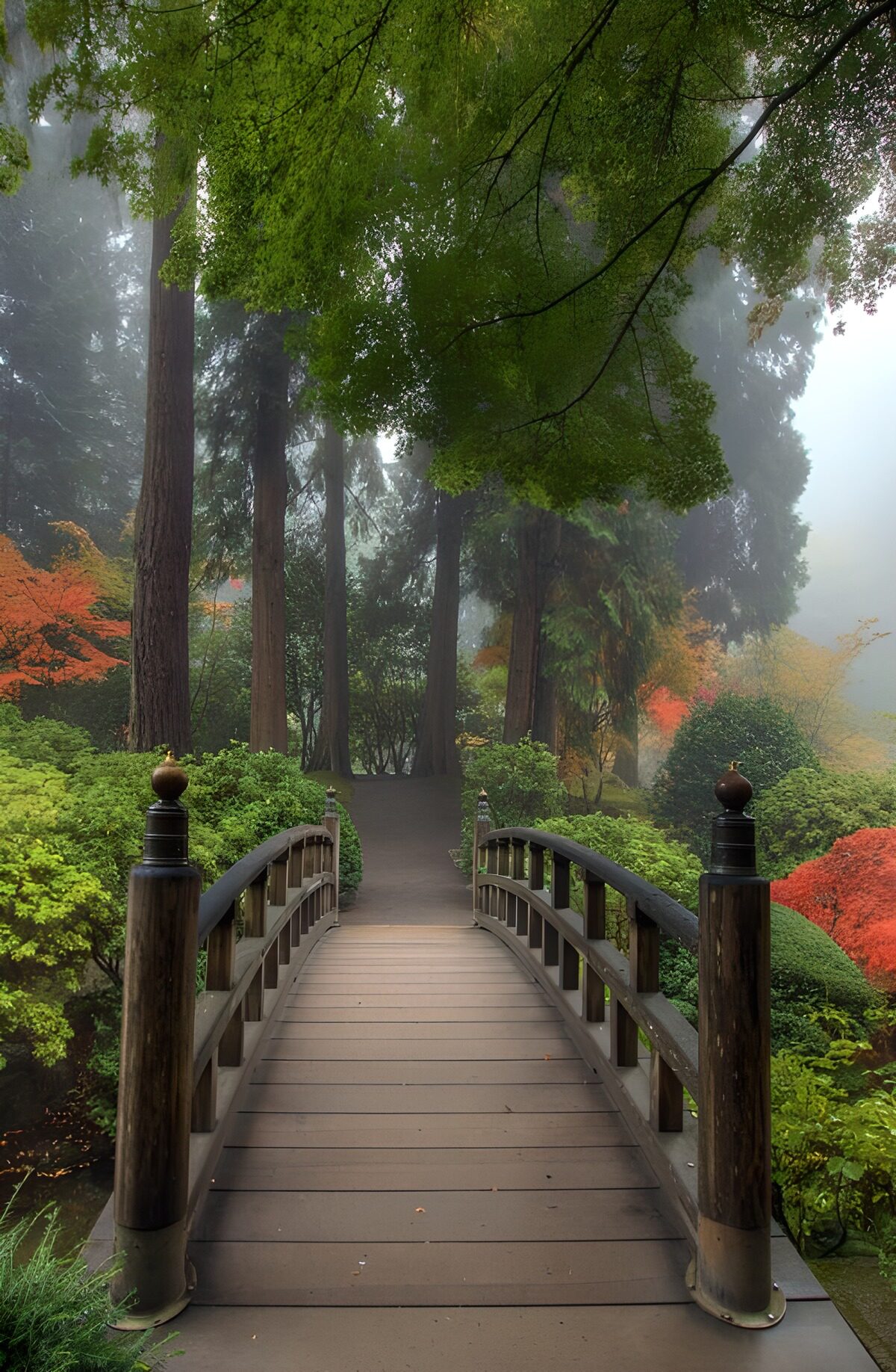 OCCOM9655096: Serene Foggy Bridge in a Lush Garden