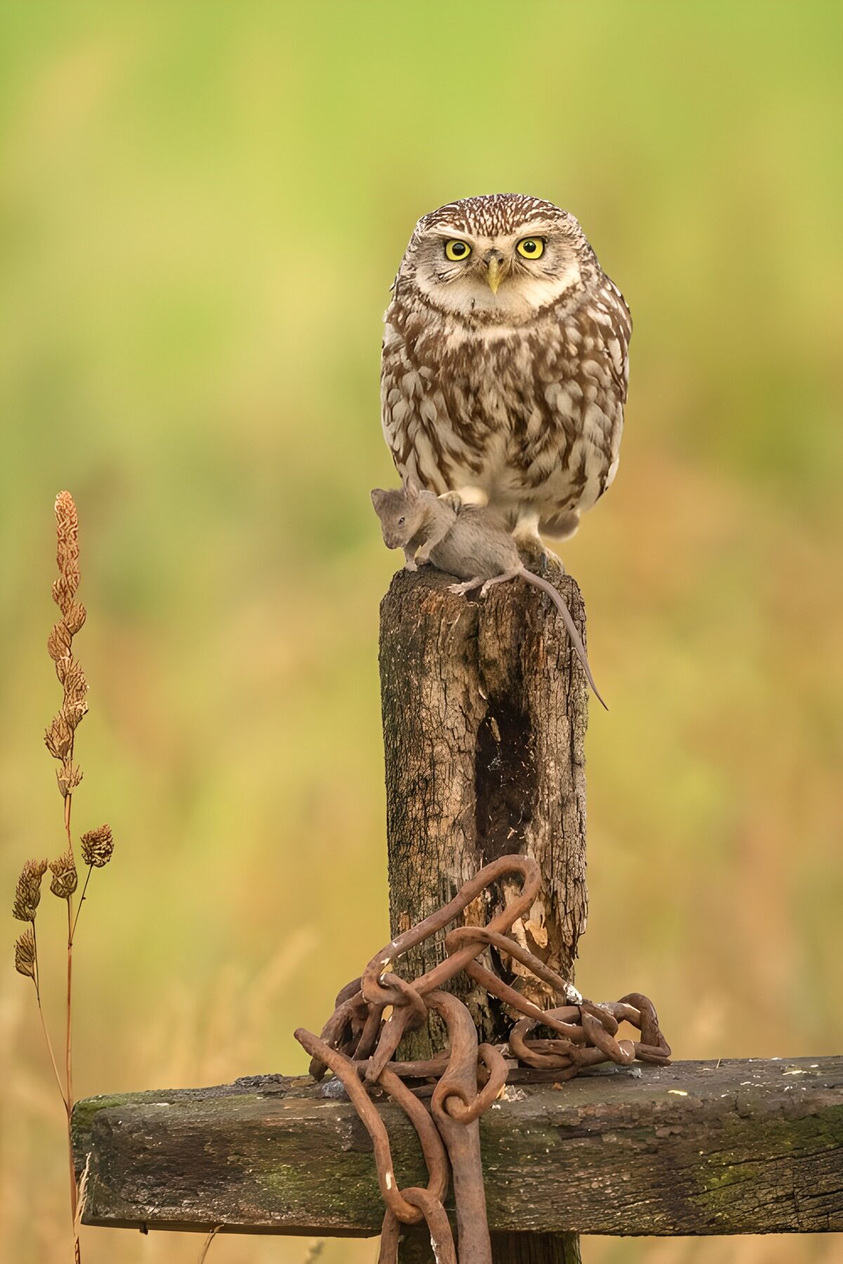 Owl on a Post with a Mouse Catch