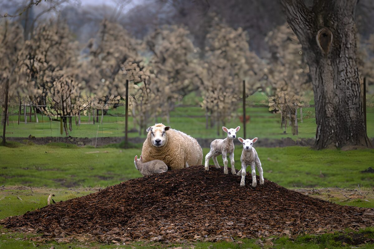 Playful Lambs on a Mulch Hill