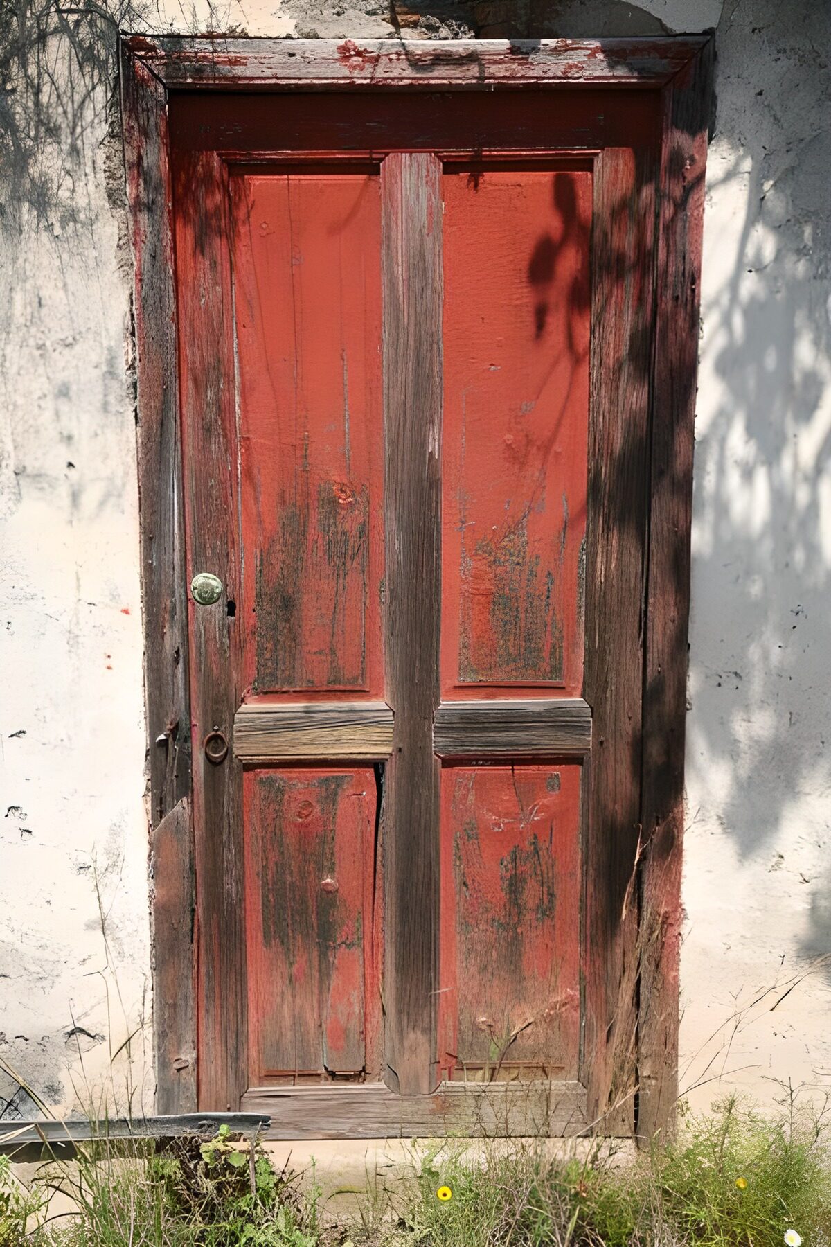 Weathered Red Door on a White Wall