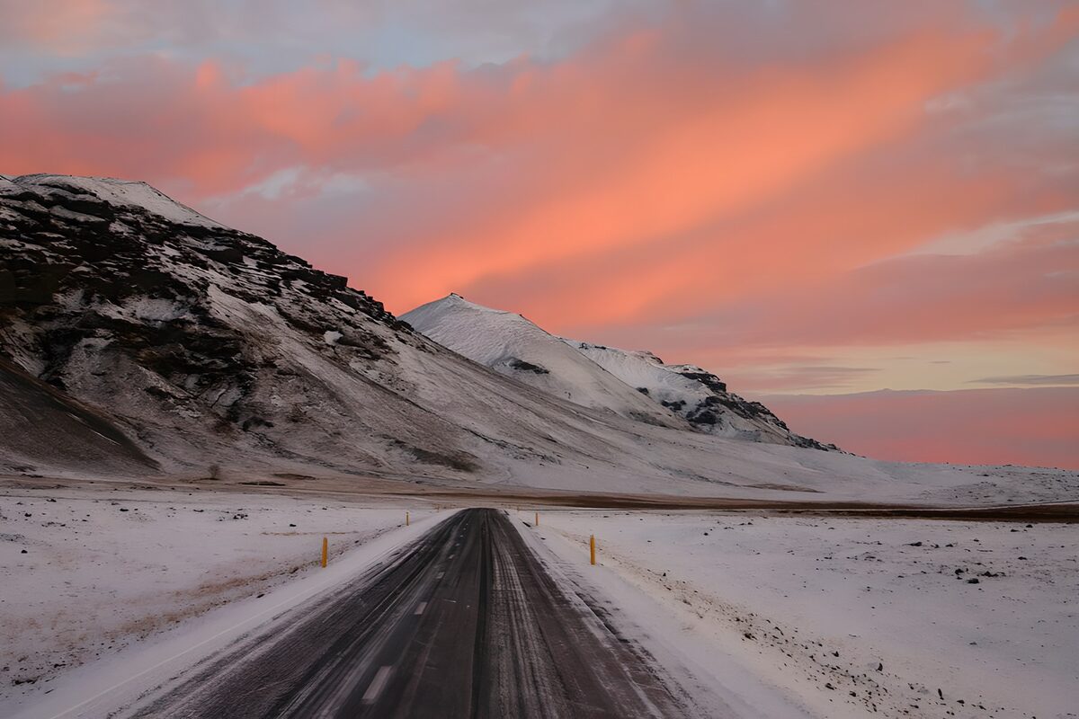Snowy Road at Sunset