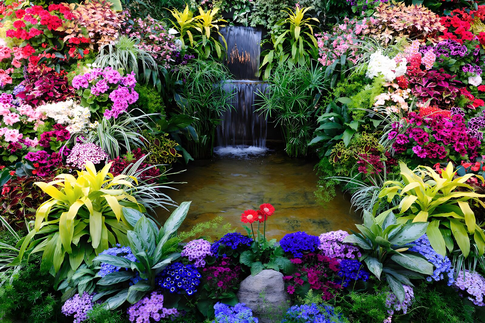 OCCOM4217212: Vibrant Floral Oasis with Waterfall