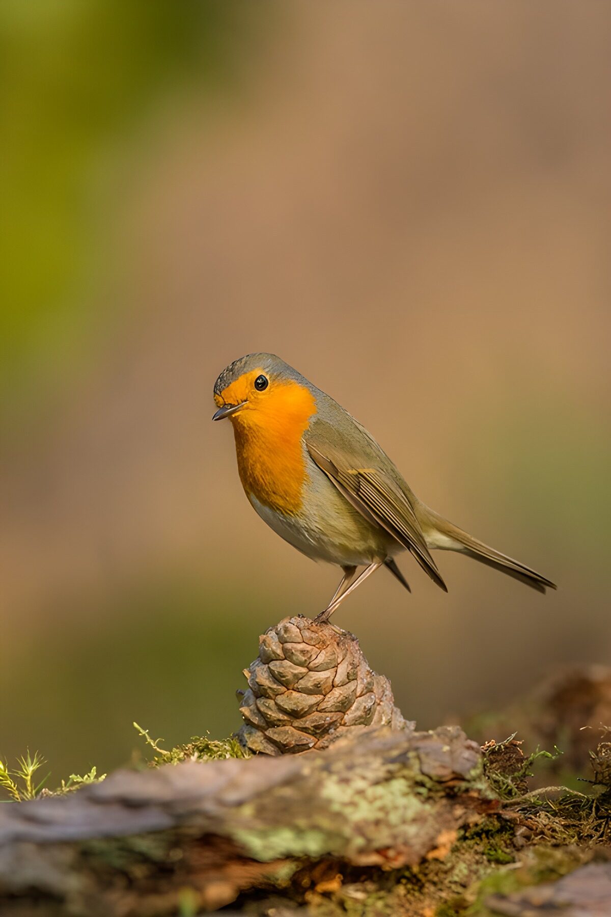 Charming Robin perched on Pine Cone