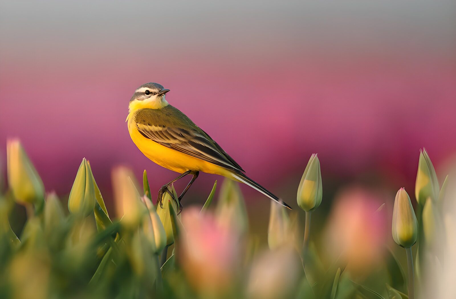 OCCOM9443081: Yellow Bird Amidst Blooming Tulips