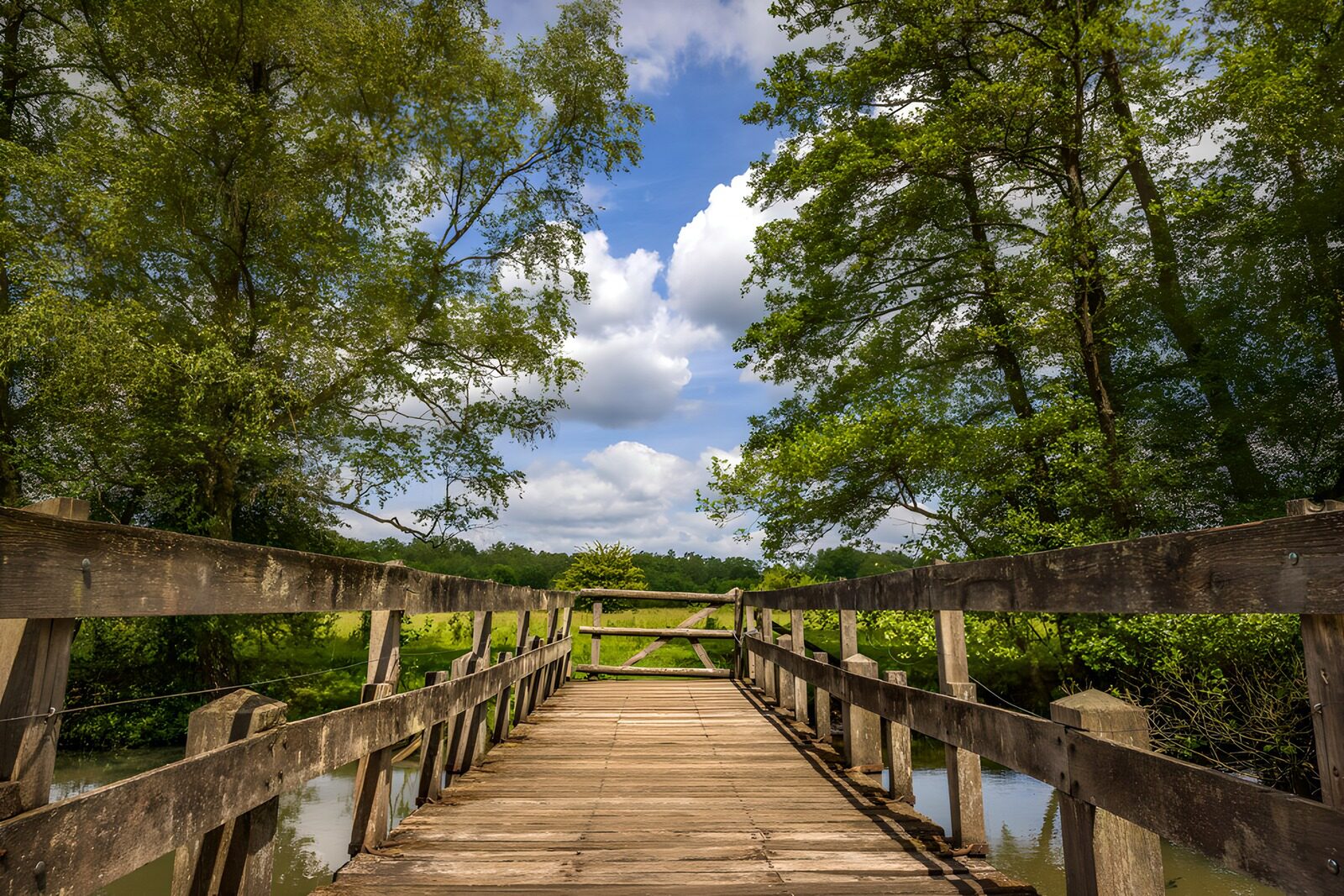 OCCOM8629077: Tranquil Wooden Bridge Under a Blue Sky