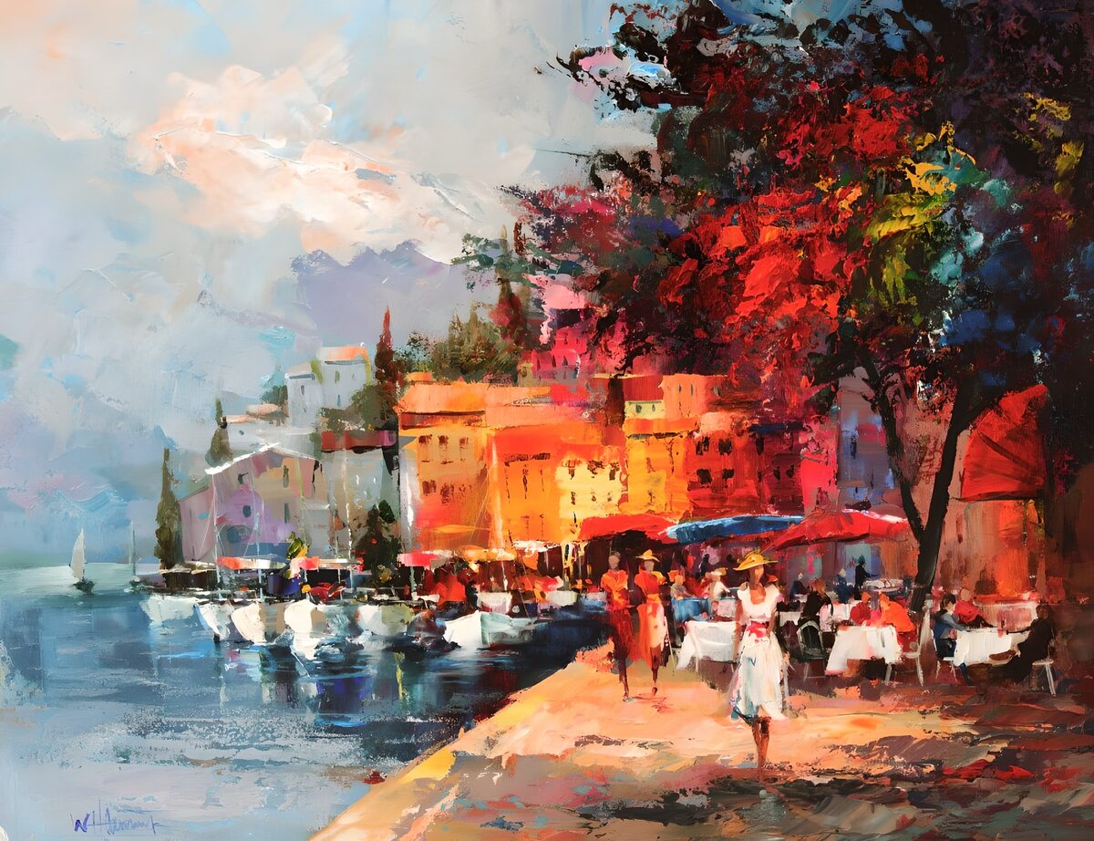Vibrant Waterside Village Scene