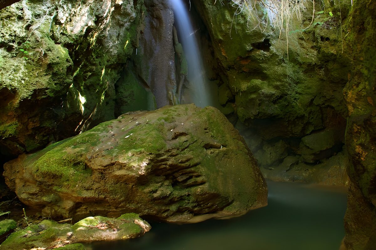Tranquil Waterfall in a Mossy Canyon