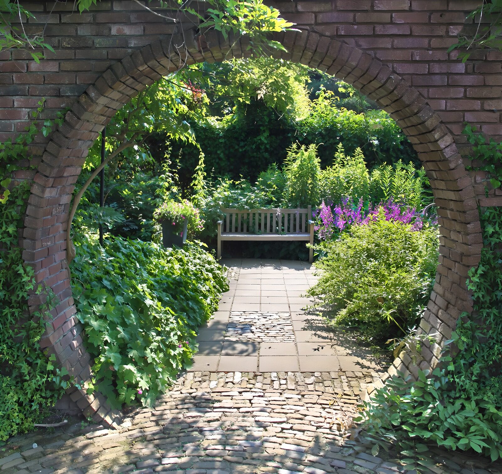 OCCOM5530095: Serene Garden View Through Brick Archway
