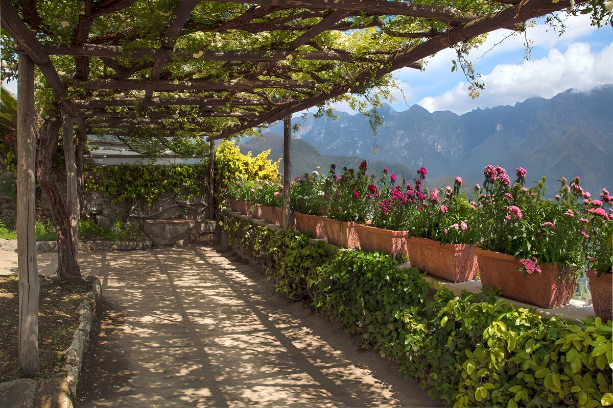 Serene Garden Path Under a Pergola